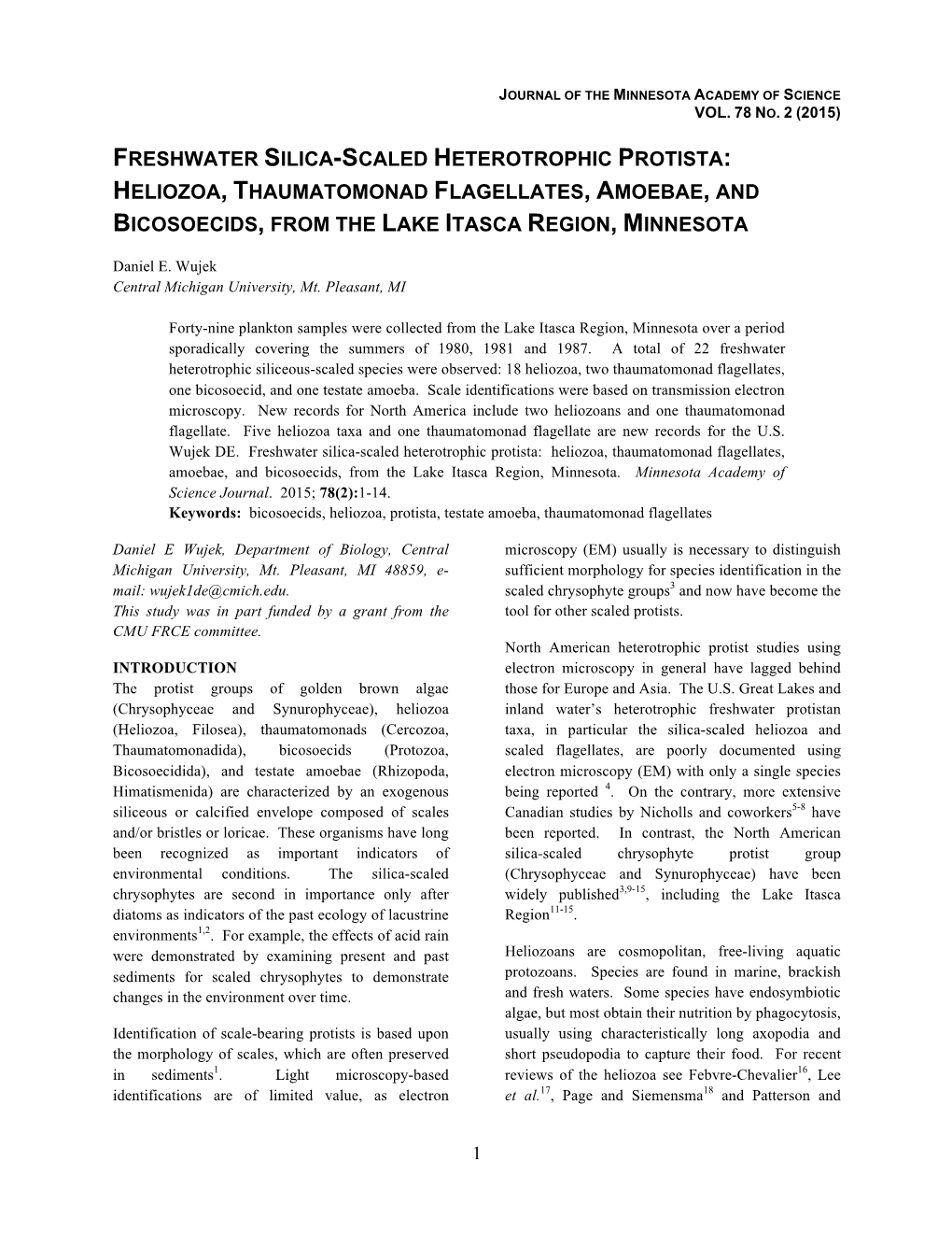 Freshwater Silica-Scaled Heterotrophic Protista: Heliozoa, Thaumatomonad Flagellates, Amoebae, and Bicosoecids, from the Lake Itasca Region, Minnesota