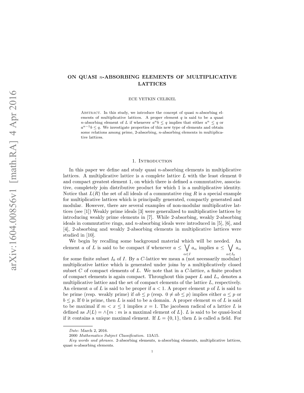 ON QUASI N-ABSORBING ELEMENTS of MULTIPLICATIVE LATTICES 3