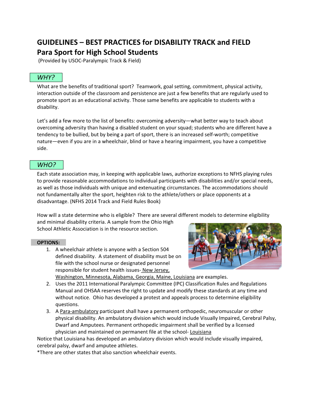 BEST PRACTICES for DISABILITY TRACK and FIELD Para Sport for High School Students (Provided by USOC‐Paralympic Track & Field)