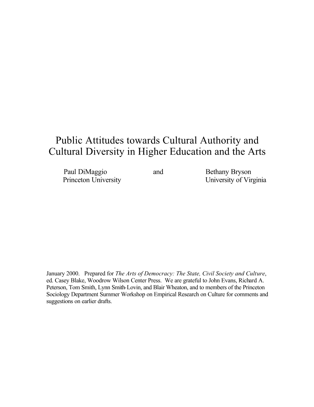 Public Attitudes Towards Cultural Authority and Cultural Diversity in Higher Education and the Arts