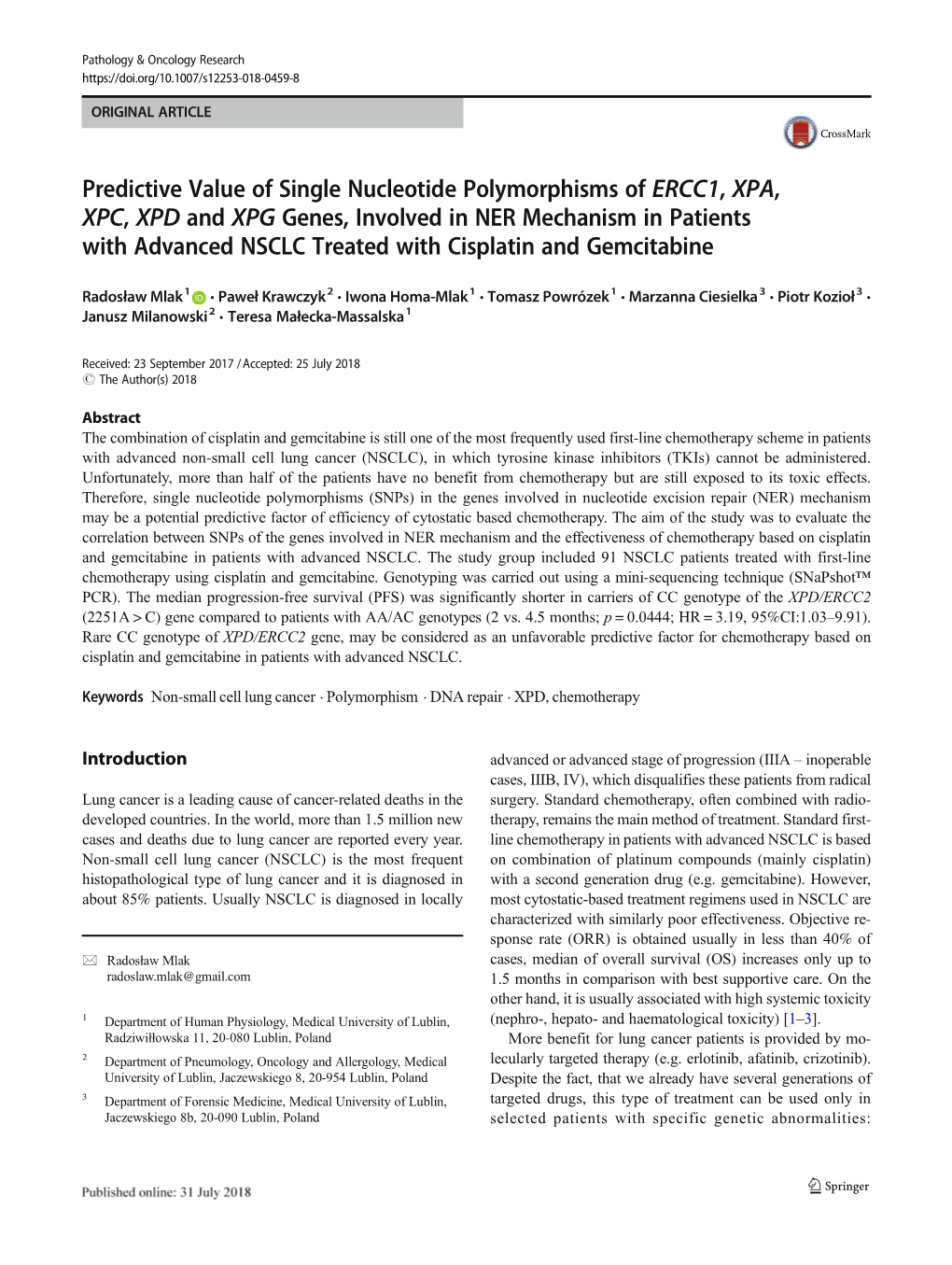 Predictive Value of Single Nucleotide Polymorphisms of ERCC1