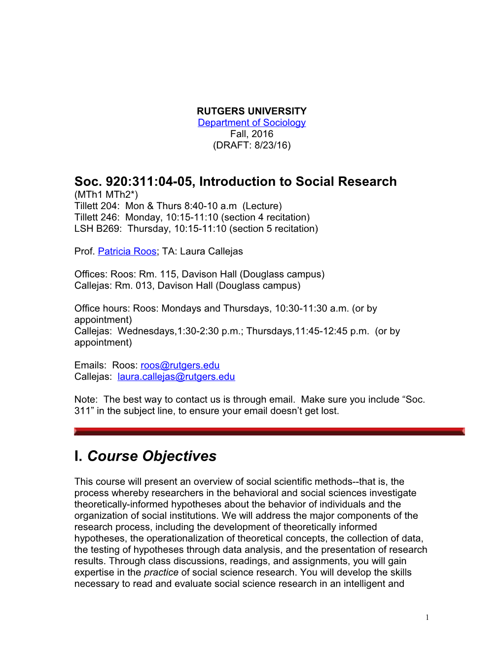 RUTGERS UNIVERSITY Departmentof Sociology Fall, 2016 (DRAFT: 8/23/16)