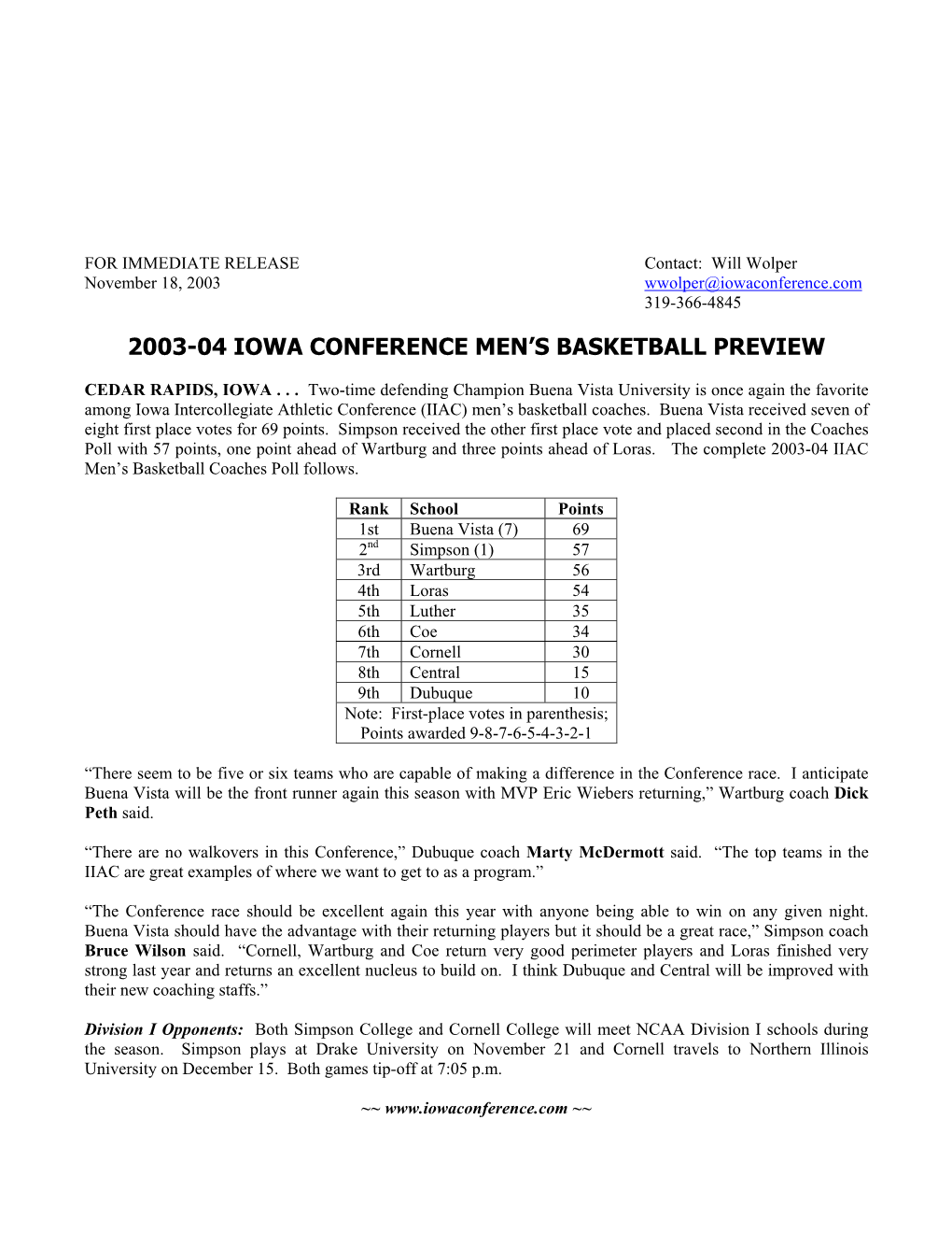 2003-04 Iowa Conference Men's Basketball Preview