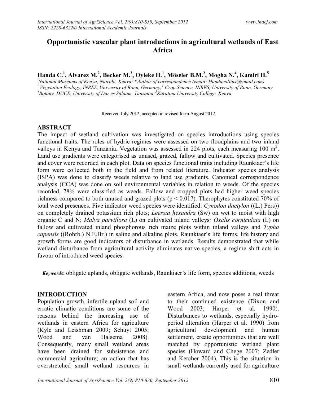 Opportunistic Vascular Plant Introductions in Agricultural Wetlands of East Africa