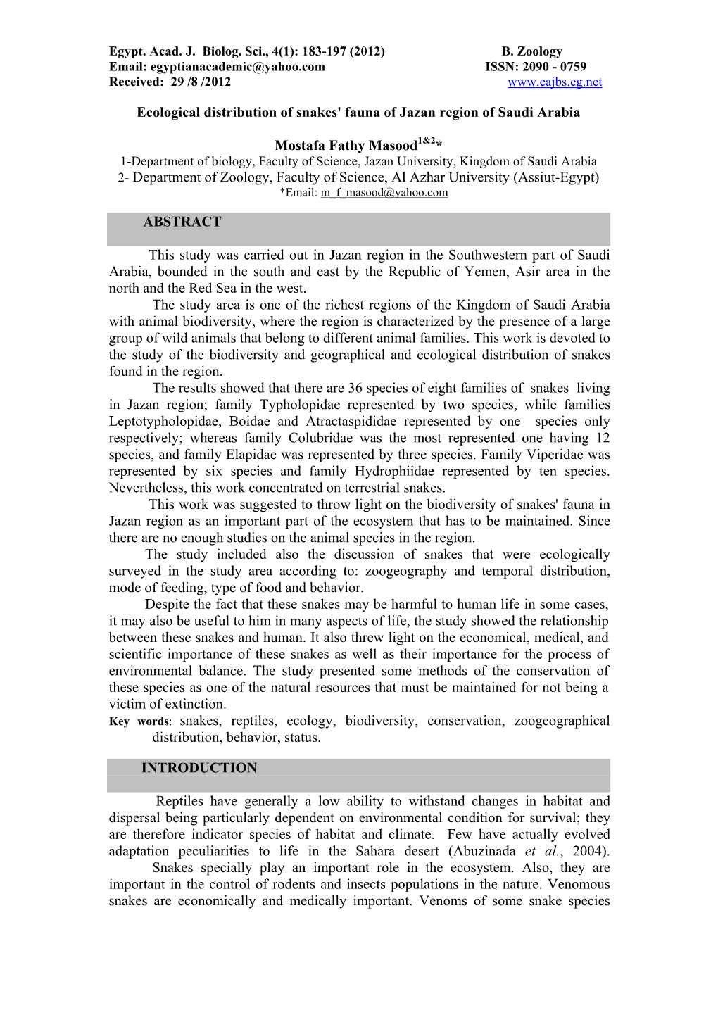 Ecological Distribution of Snakes' Fauna of Jazan Region of Saudi Arabia