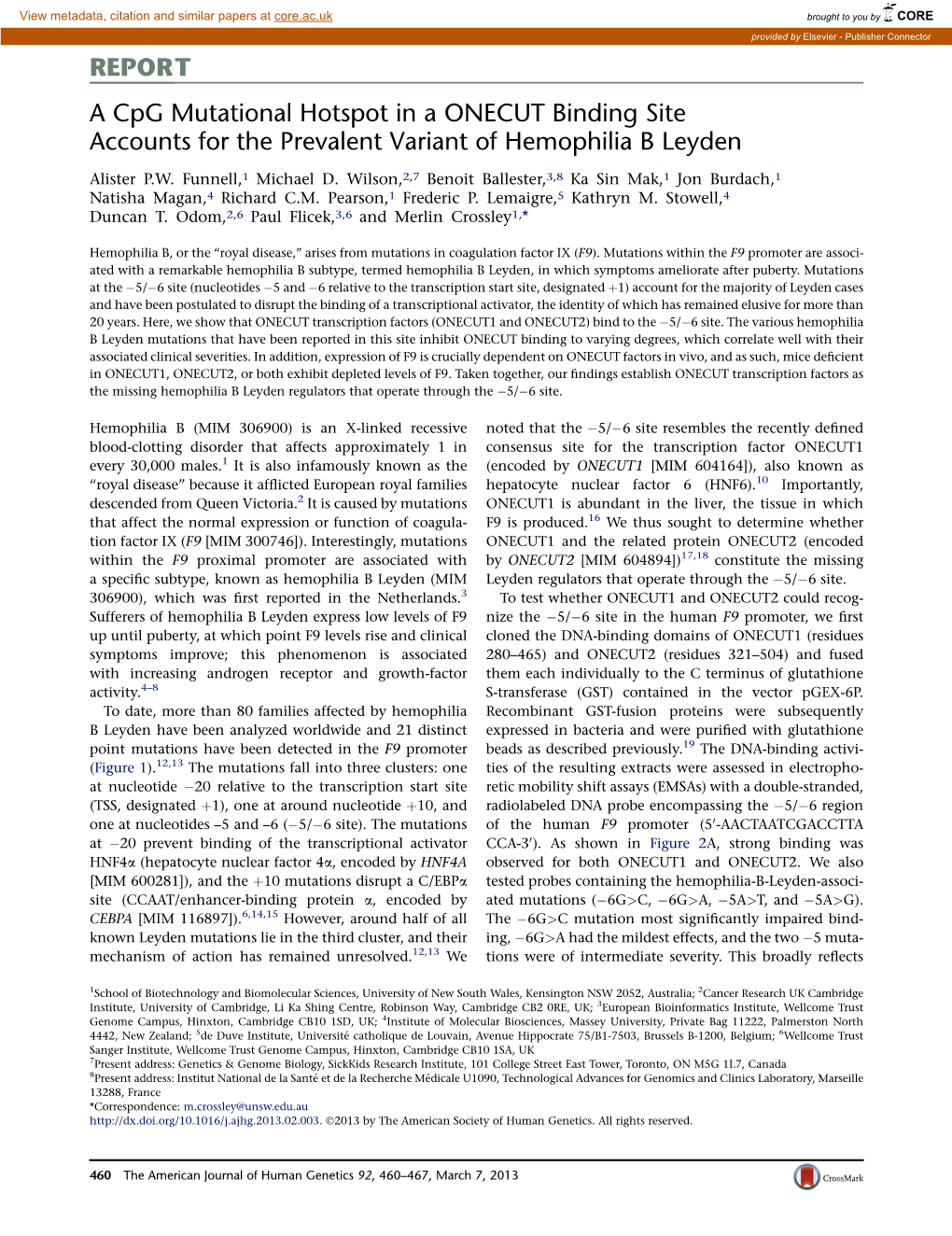 A Cpg Mutational Hotspot in a ONECUT Binding Site Accounts for the Prevalent Variant of Hemophilia B Leyden