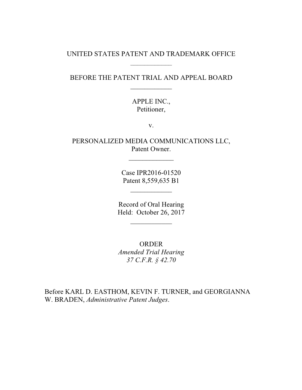 Record of Oral Hearing Held: October 26, 2017 ______