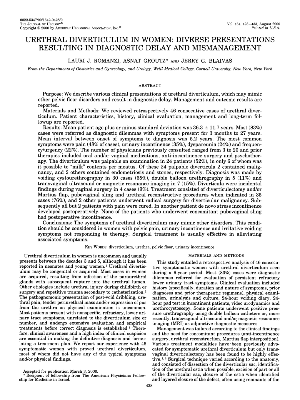 Urethral Diverticulum in Women: Diverse Presentations Resulting in Diagnostic Delay and Mismanagement