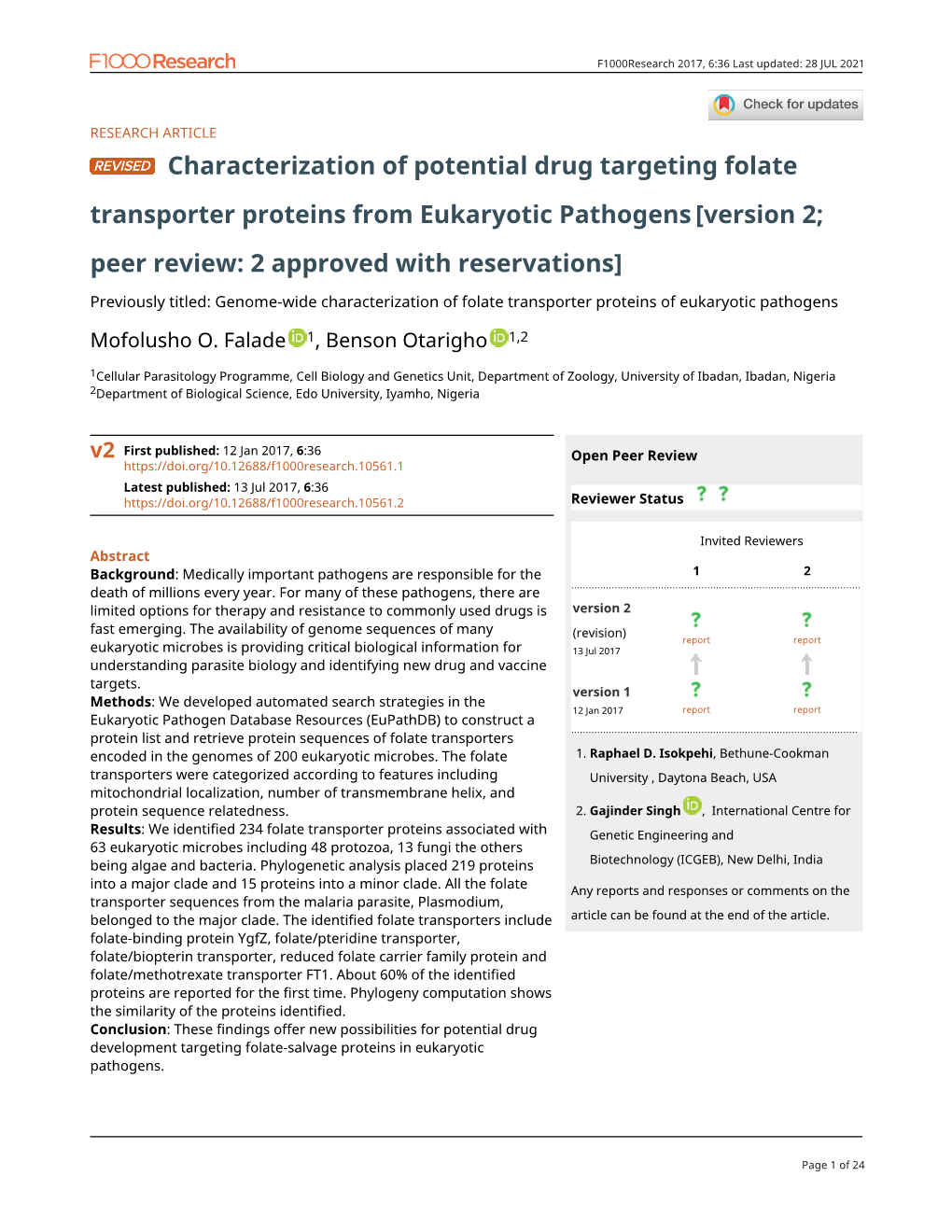 Characterization of Potential Drug Targeting Folate Transporter Proteins from Eukaryotic Pathogens [Version 2; Peer Review: 2 Approved with Reservations]