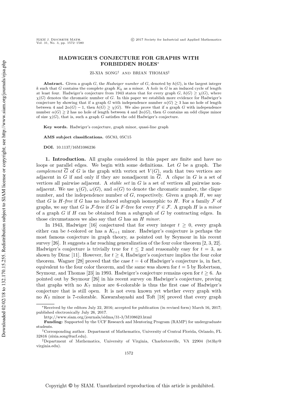 Hadwiger's Conjecture for Graphs with Forbidden Holes