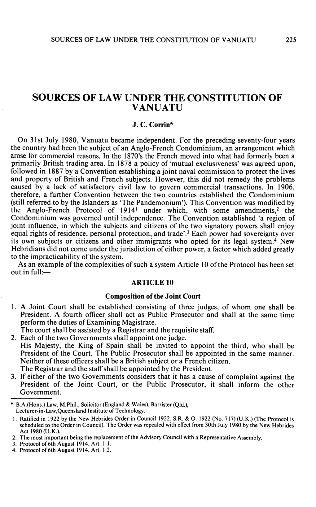 Sources of Law Under the Constitution of Vanuatu 225