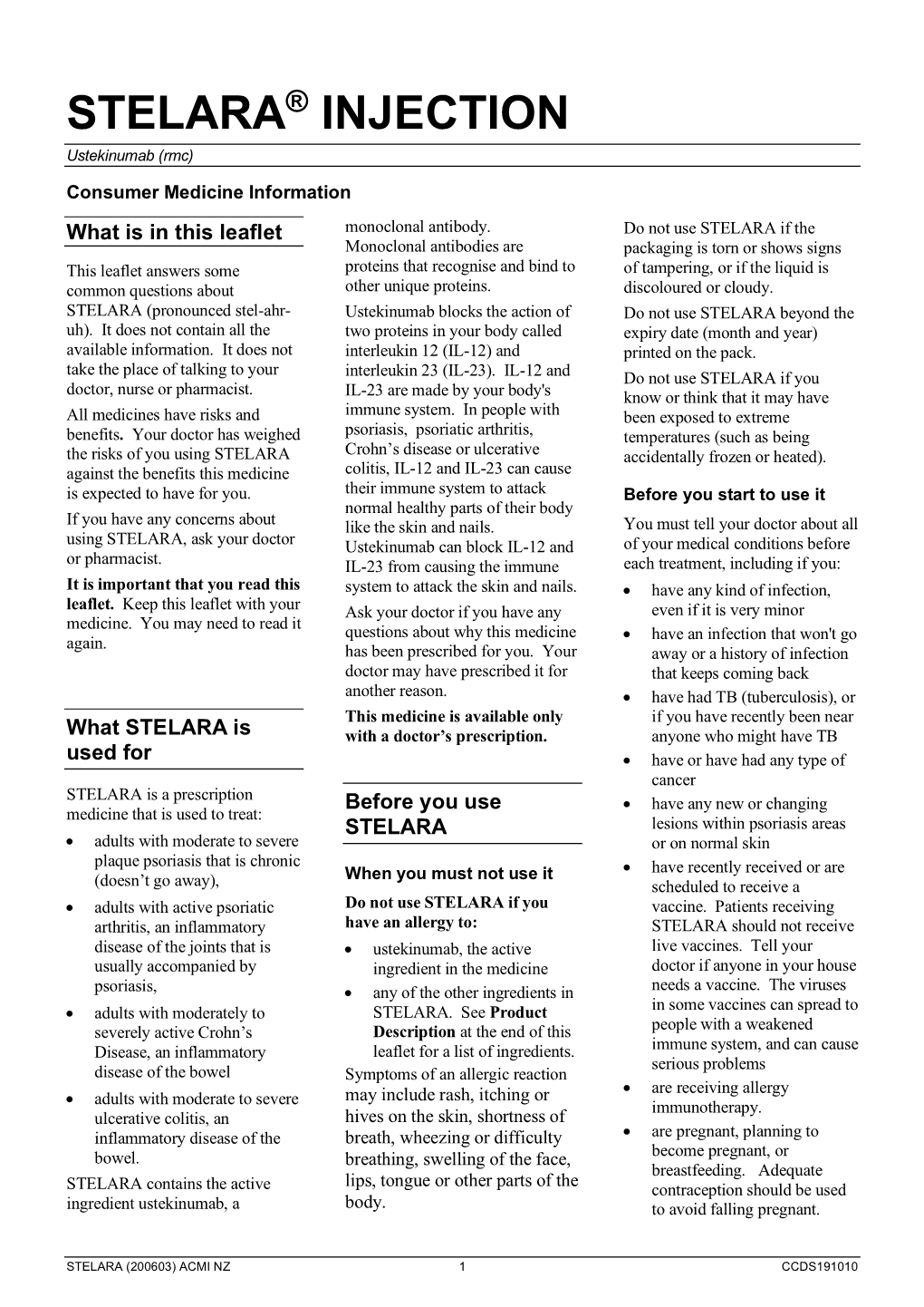 STELARA INJECTION Ustekinumab (Rmc)