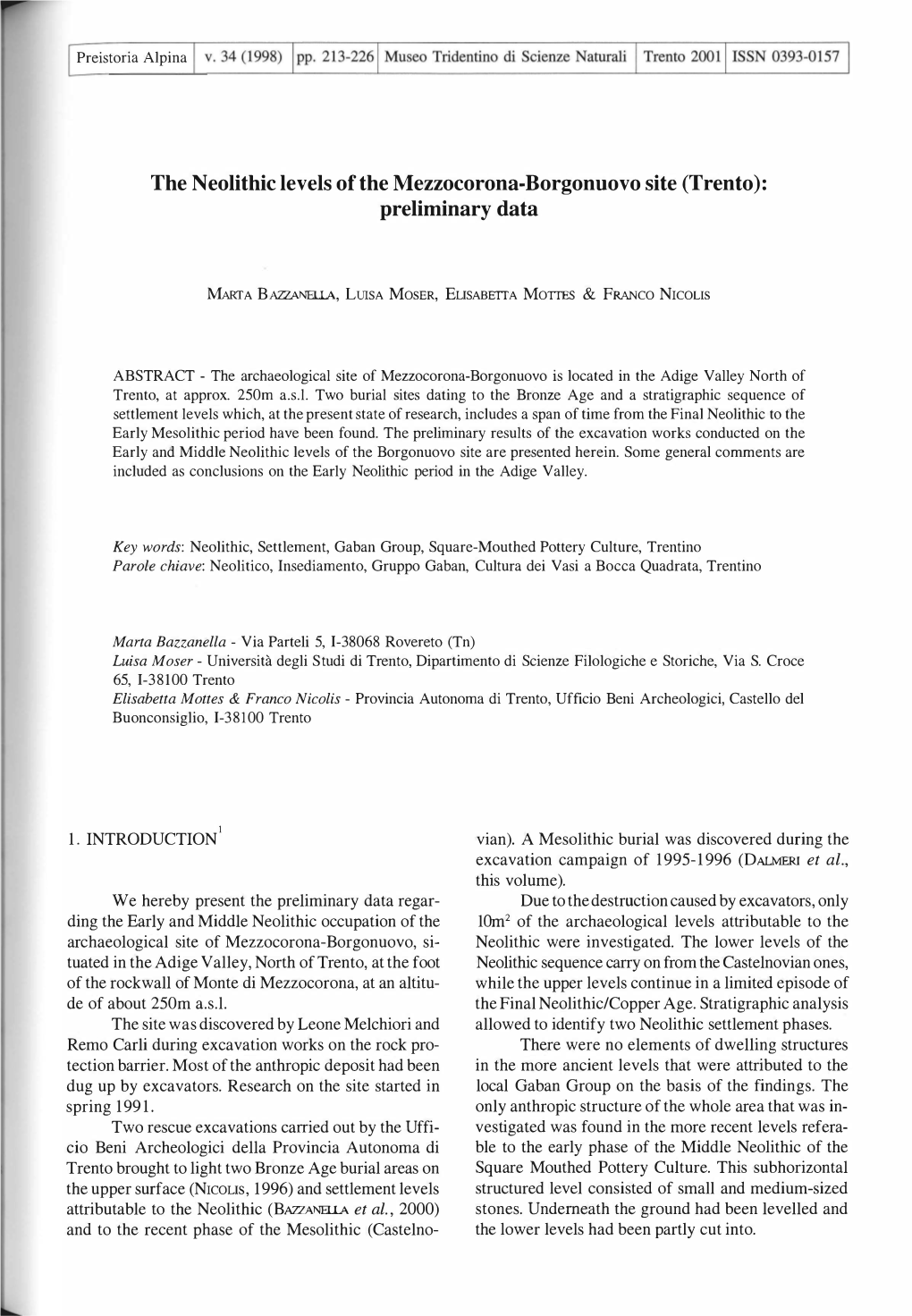 The Neolithic Levels of the Mezzocorona-Borgonuovo Site (Trento): Preliminary Data