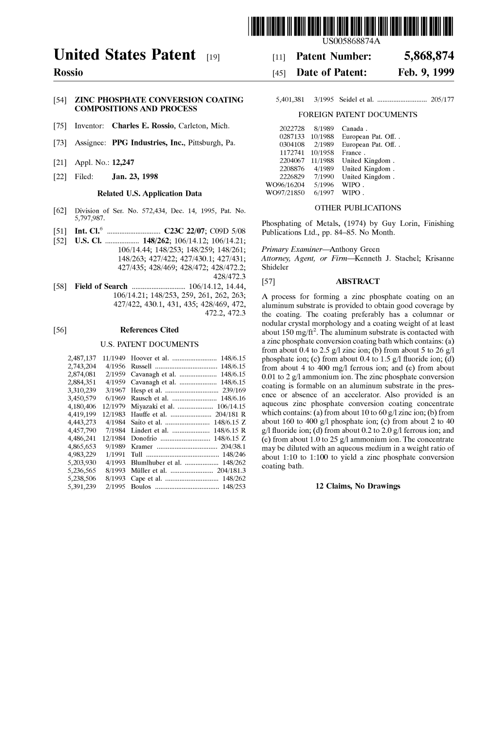 United States Patent (19) 11 Patent Number: 5,868,874 Rossio (45) Date of Patent: Feb