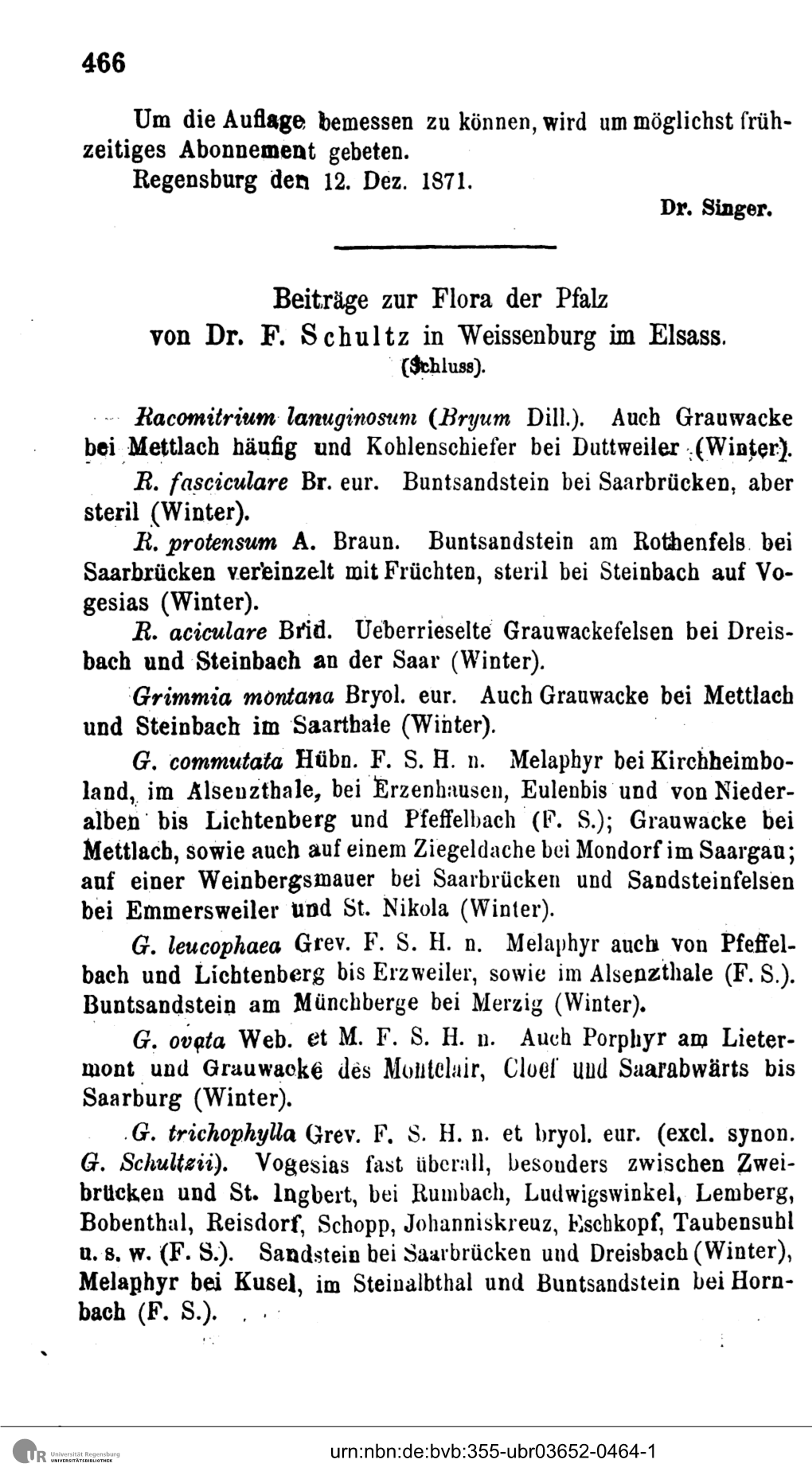 Beiträge Zur Flora Der Pfalz Von Dr. F. Schultz in Weissenburg Im Elsass. ($Fchluss)