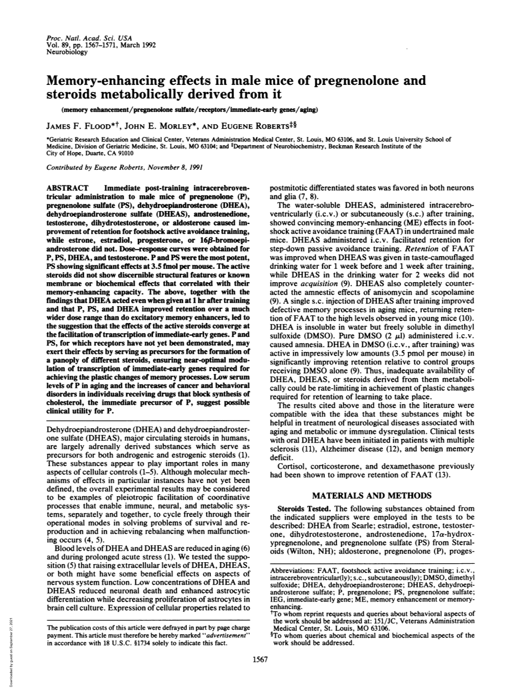 Memory-Enhancing Effects in Male Mice of Pregnenolone and Steroids Metabolically Derived from It