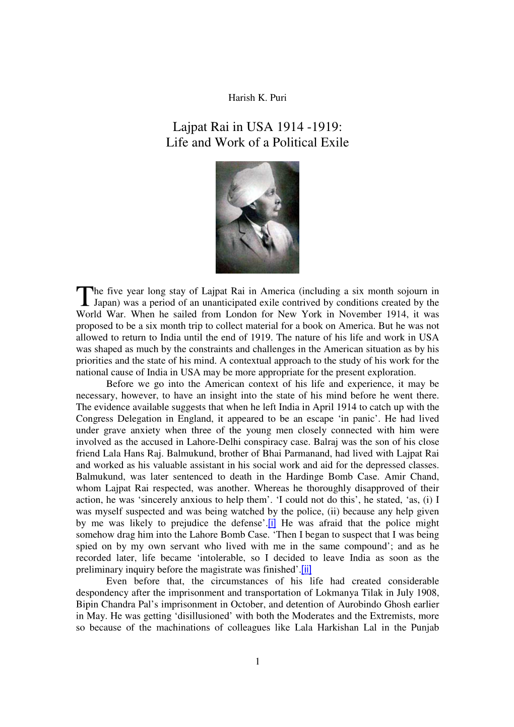 Lajpat Rai in USA 1914 -1919: Life and Work of a Political Exile