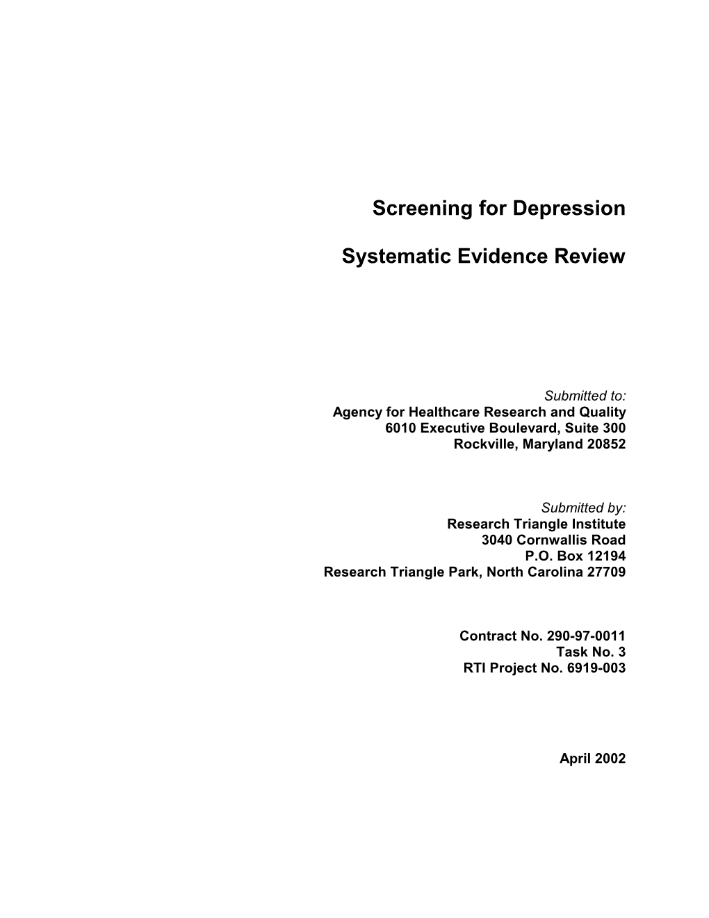 Screening for Depression: Systematic Evidence Review