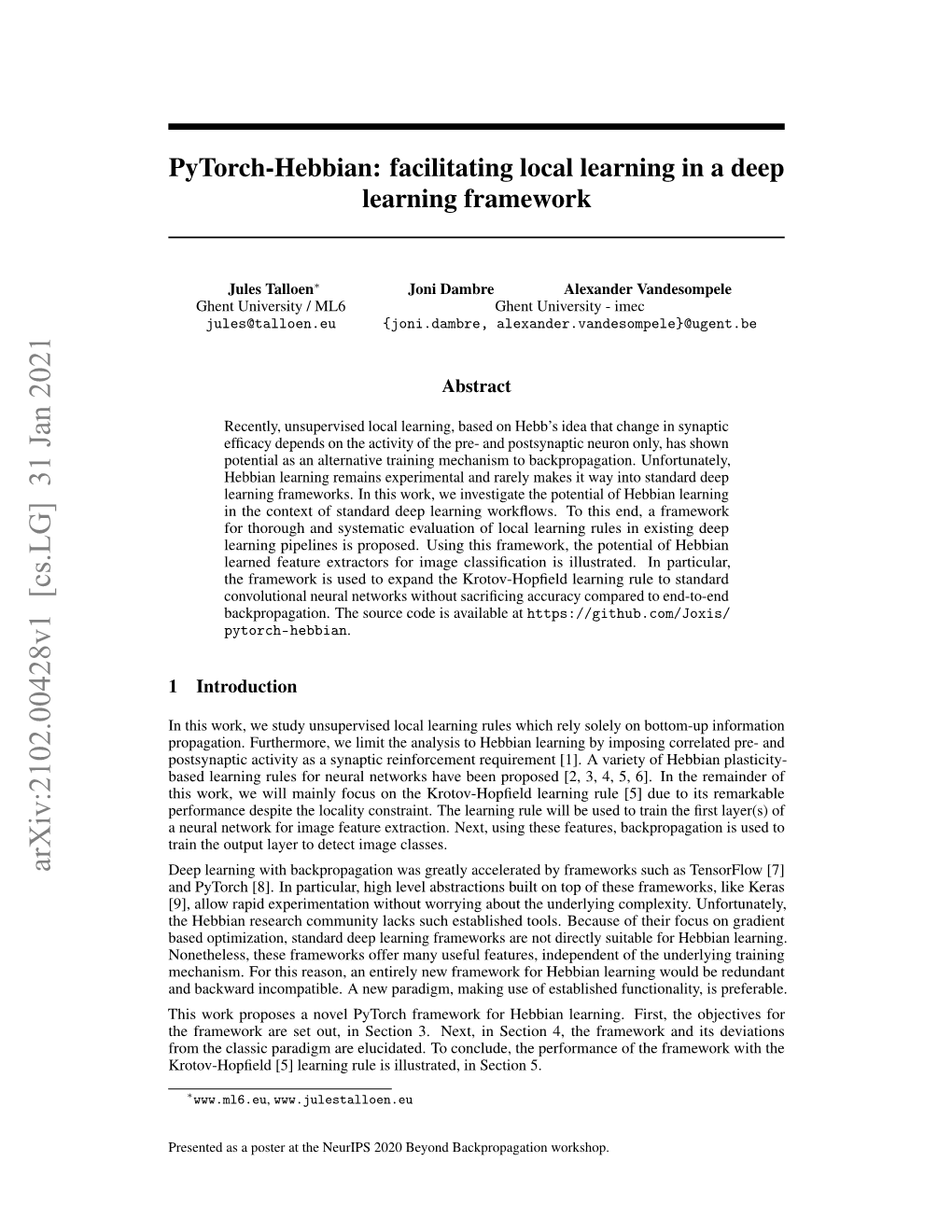 Pytorch-Hebbian: Facilitating Local Learning in a Deep Learning Framework
