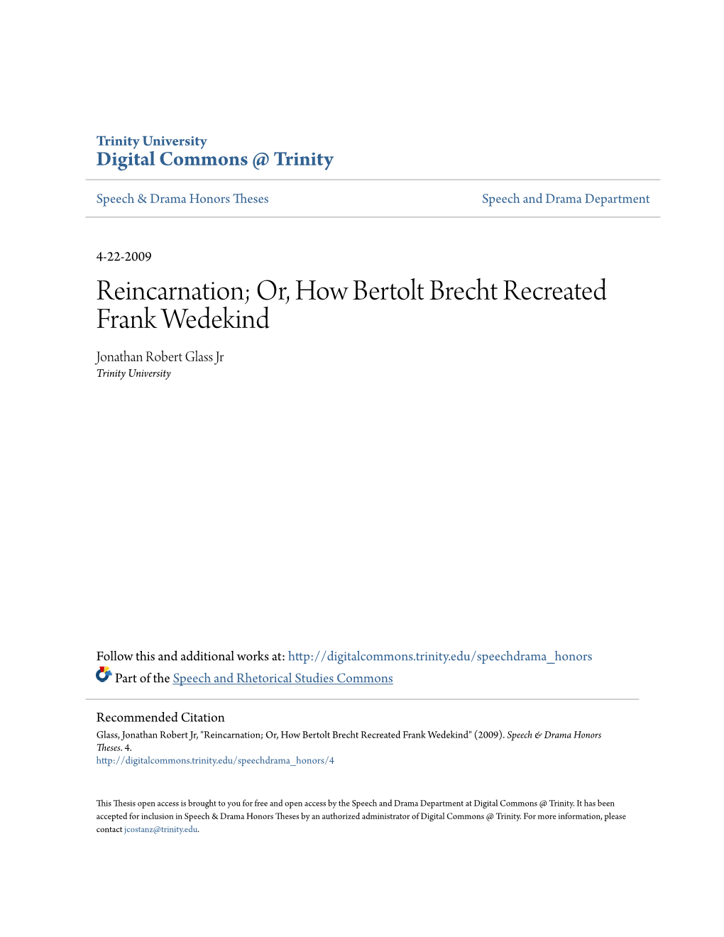 Or, How Bertolt Brecht Recreated Frank Wedekind Jonathan Robert Glass Jr Trinity University