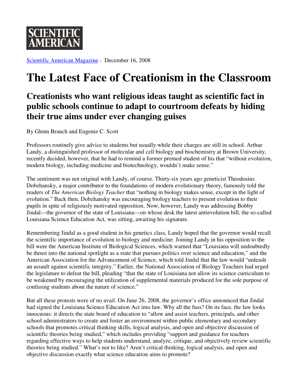 The Latest Face of Creationism in the Classroom