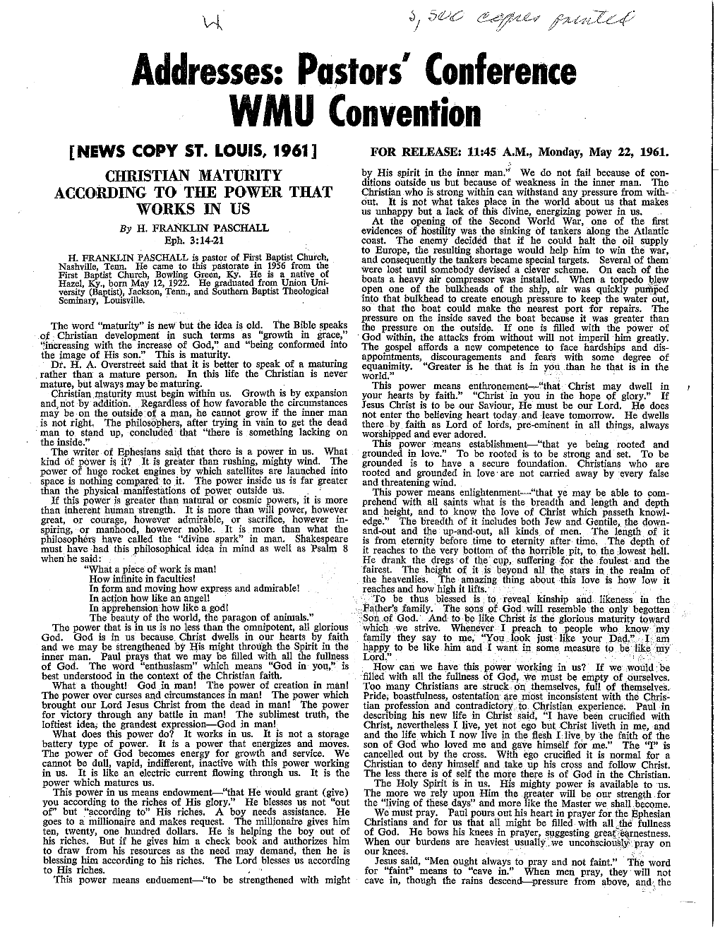 Pustors' Conference WMU Convention [NEWS COPY ST