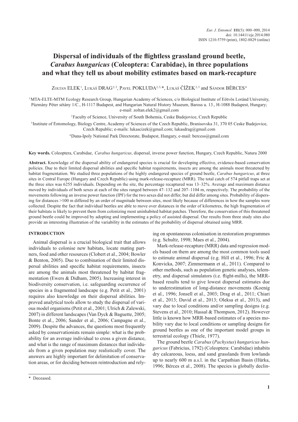 Dispersal of Individuals of the Flightless Grassland Ground Beetle, Carabus Hungaricus (Coleoptera: Carabidae), in Three Popula