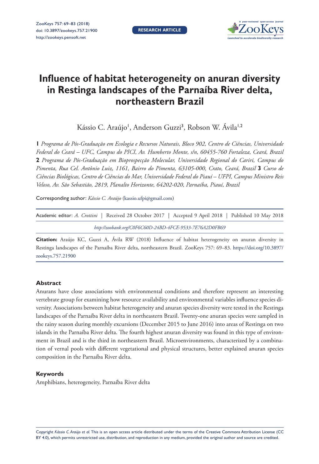 Influence of Habitat Heterogeneity on Anuran Diversity in Restinga Landscapes of the Parnaíba River Delta, Northeastern Brazil
