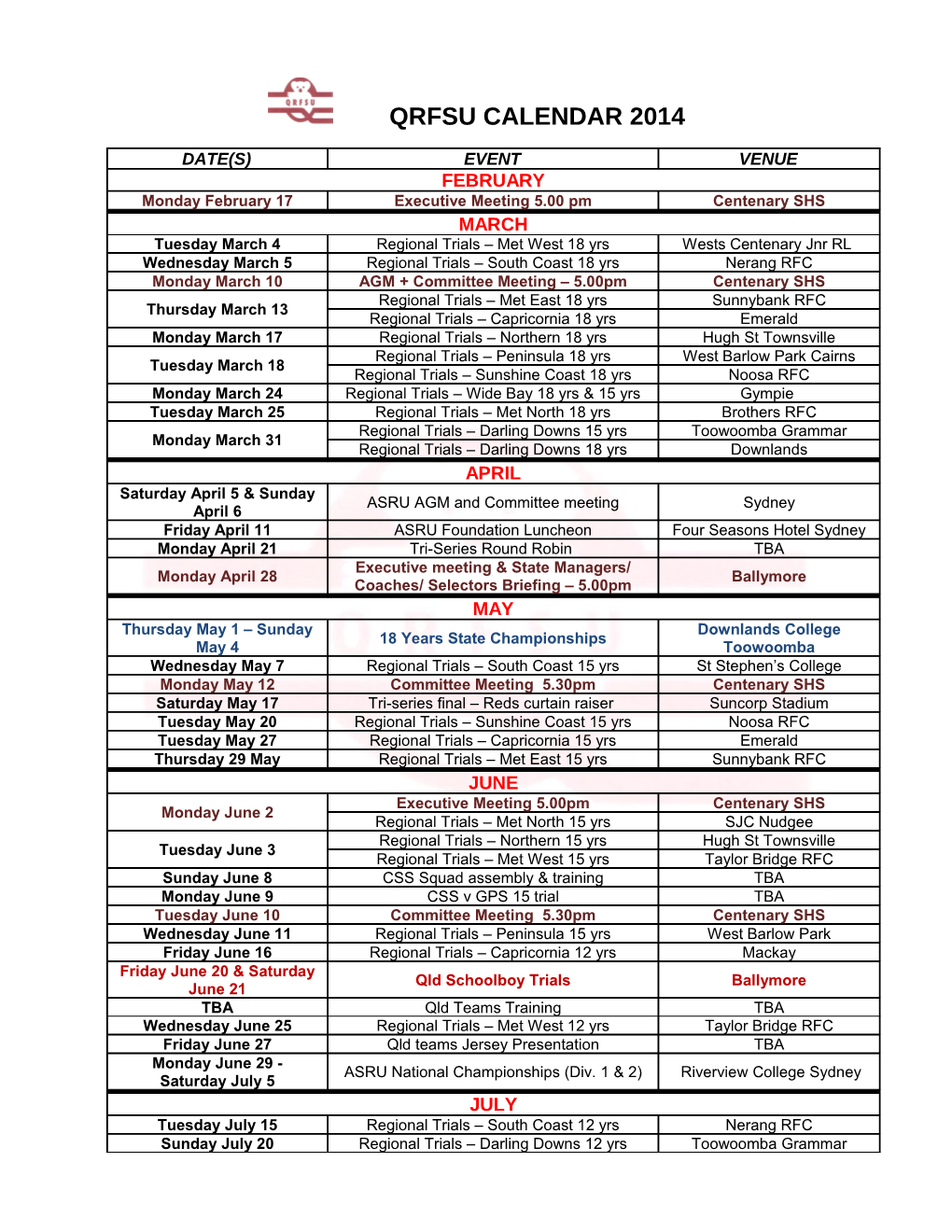 Qrfsu Calendar 2014