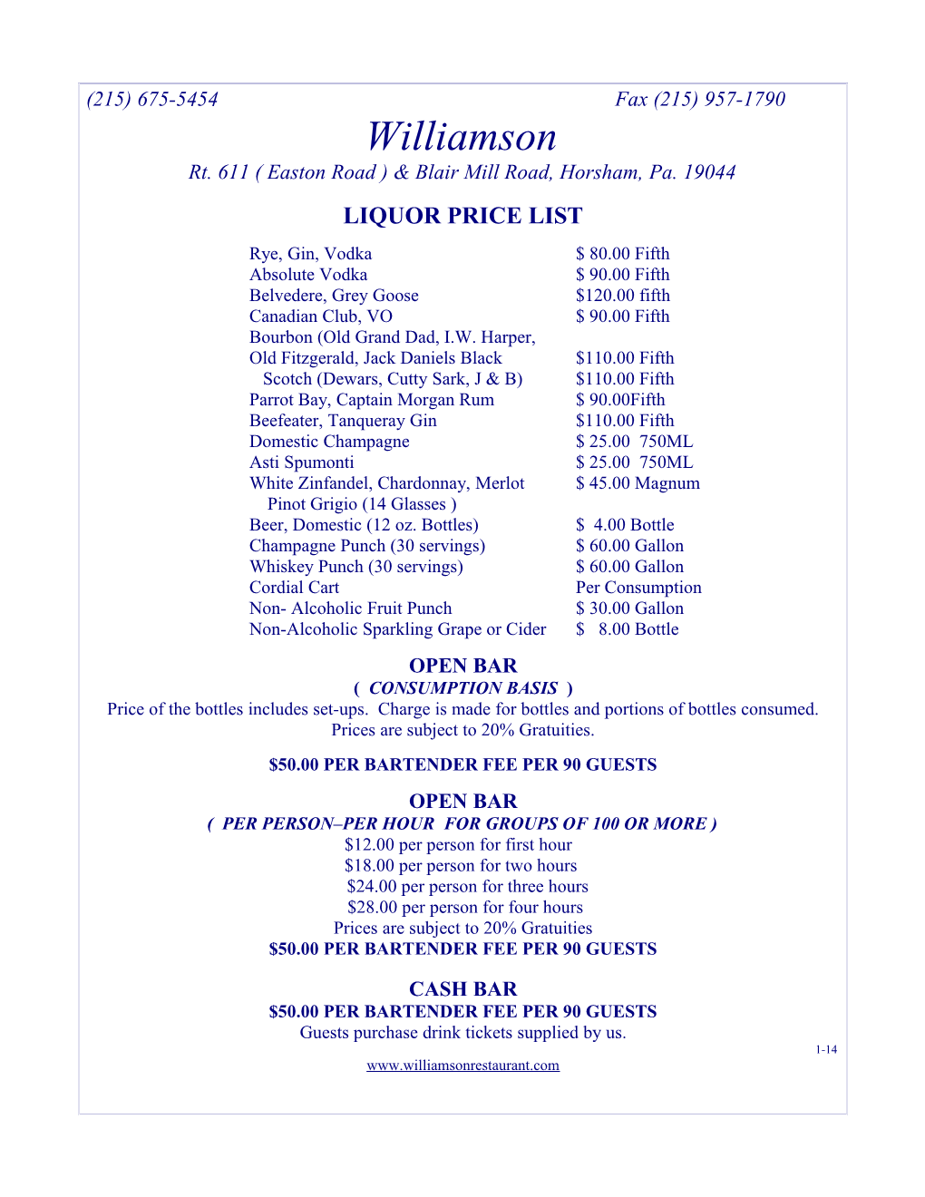 Liquor Price List