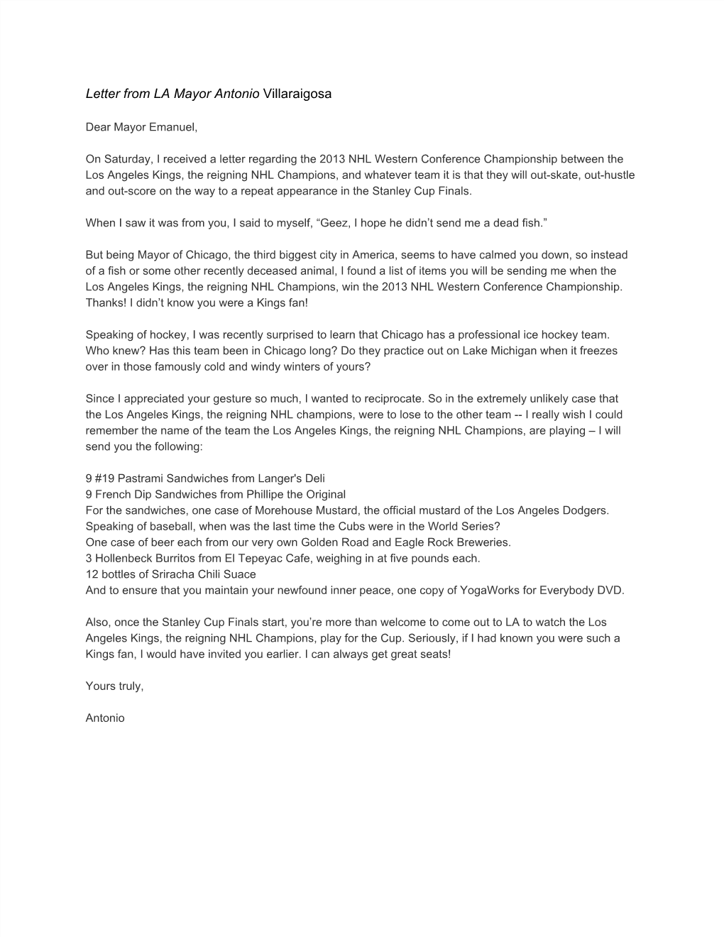 Letter from LA Mayor Antonio Villaraigosa