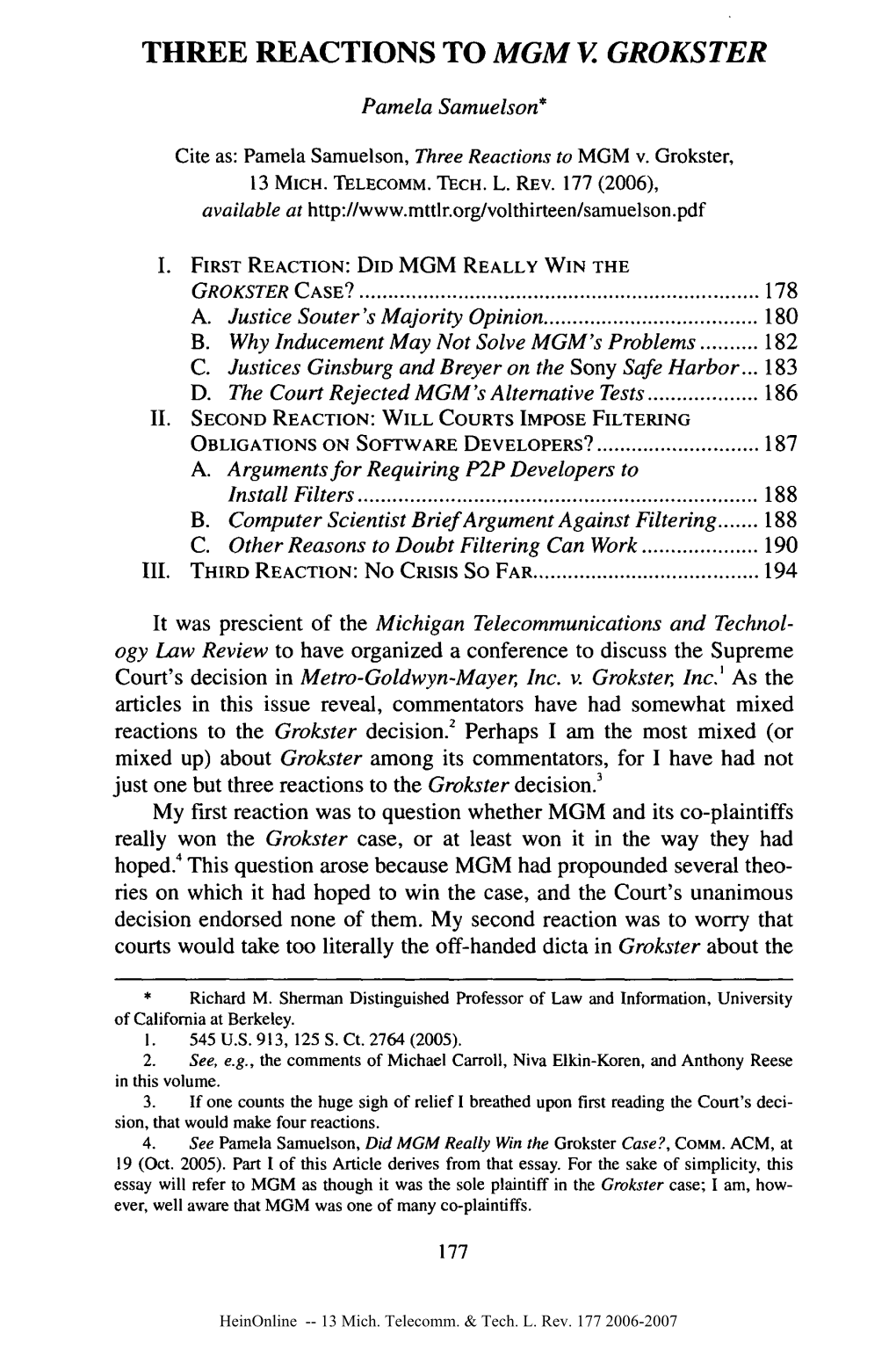 Three Reactions to Mgm V Grokster