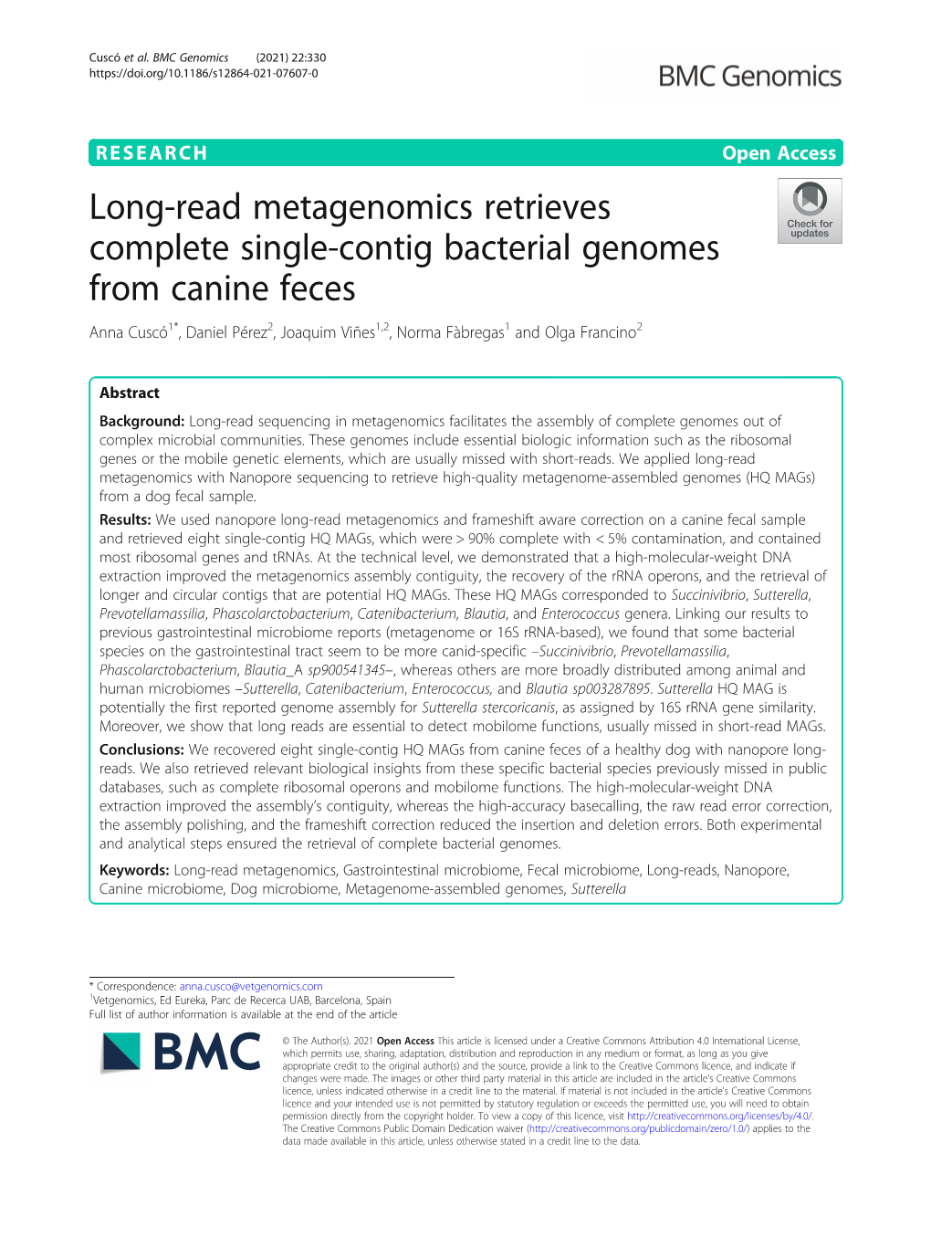 Long-Read Metagenomics Retrieves Complete Single-Contig Bacterial Genomes from Canine Feces