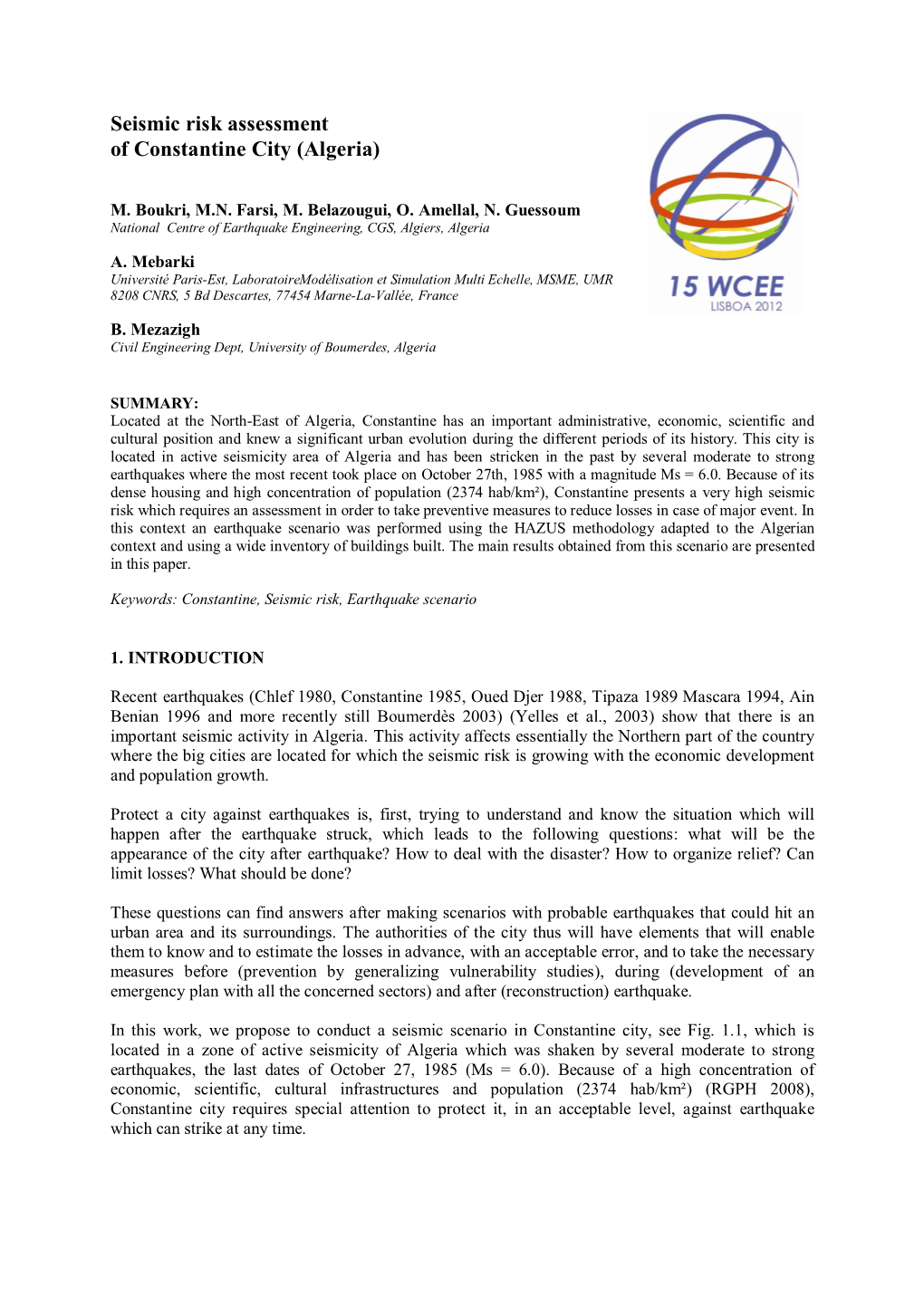 Seismic Risk Assessment of Constantine City (Algeria)