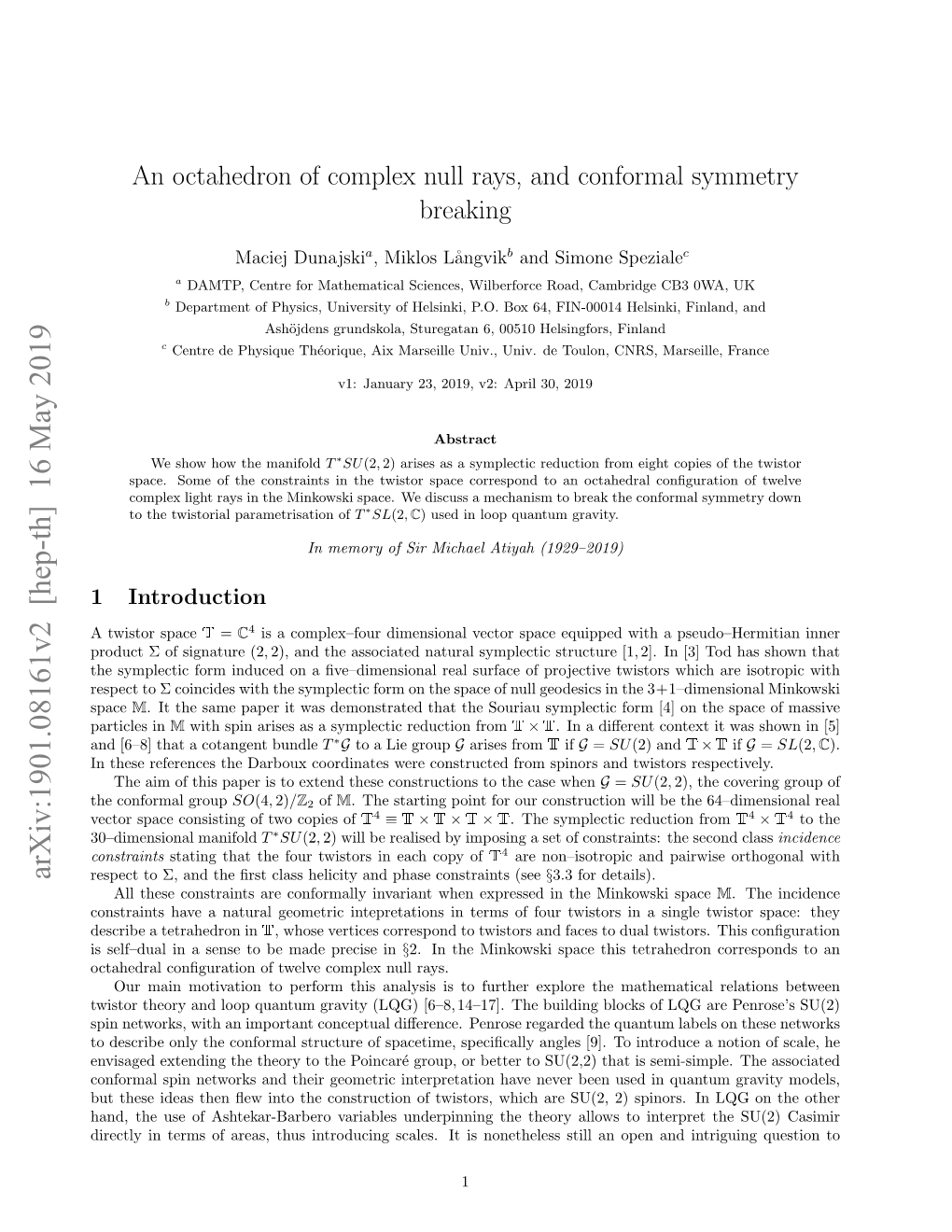 An Octahedron of Complex Null Rays, and Conformal Symmetry Breaking