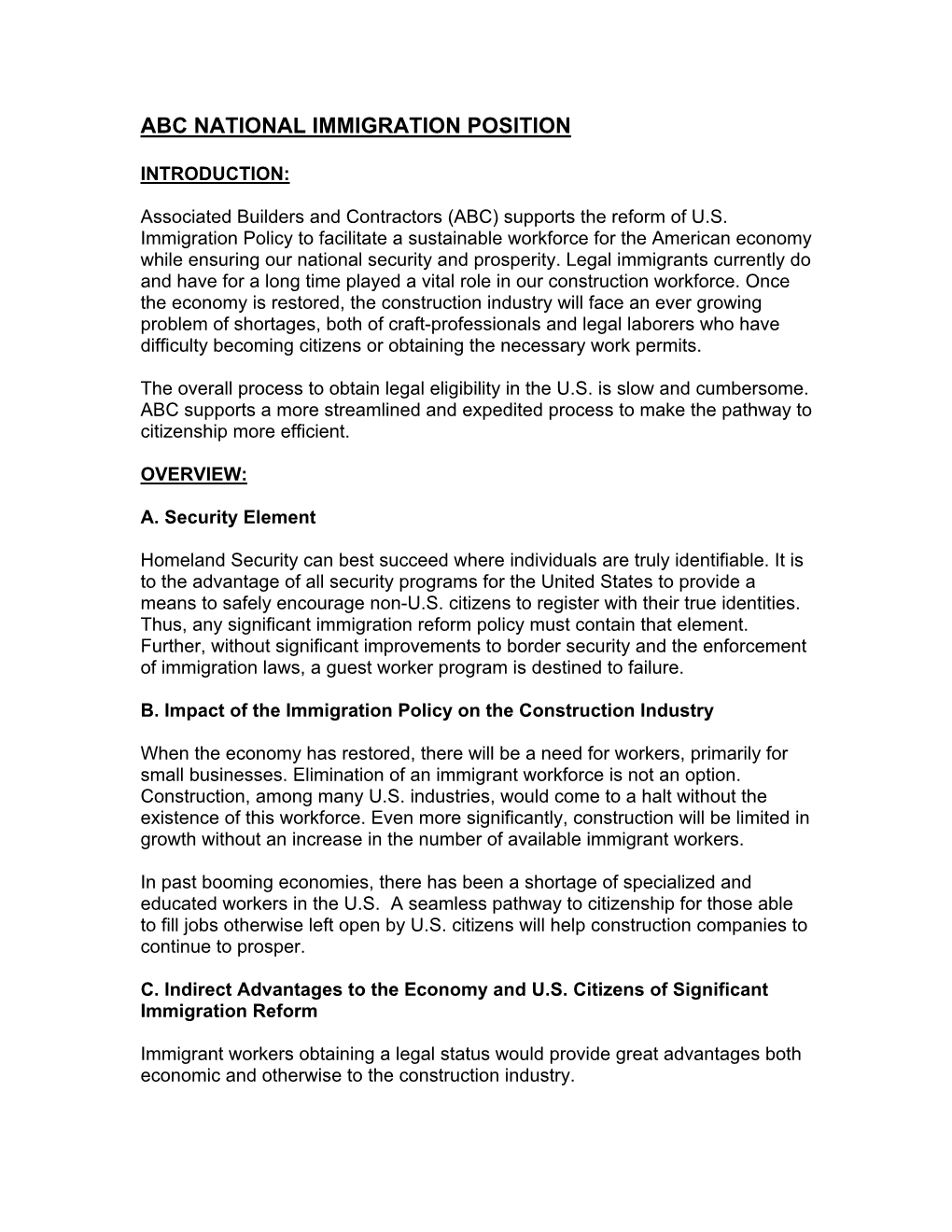 Abc National Immigration Position