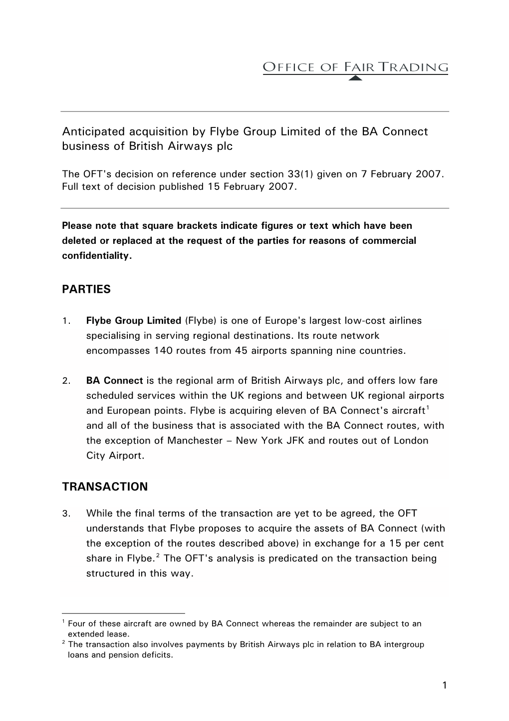 Anticipated Acquisition by Flybe Group Limited of the BA Connect Business of British Airways Plc