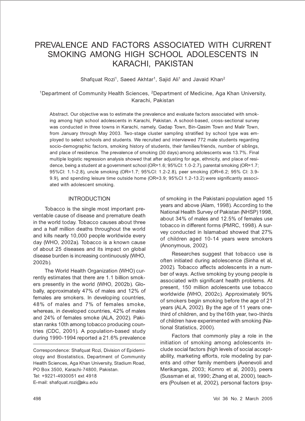 Prevalence and Factors Associated with Current Smoking Among High School Adolescents in Karachi, Pakistan