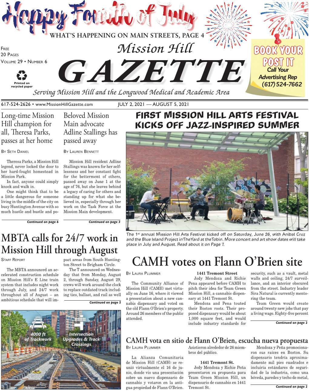 Mission Hill Gazette • Boston’S Drinking Water Complies with State and Federal Standards According to MWRA Report