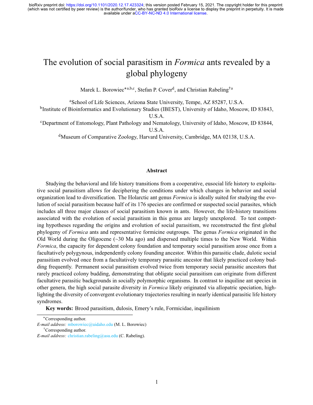 The Evolution of Social Parasitism in Formica Ants Revealed by a Global Phylogeny