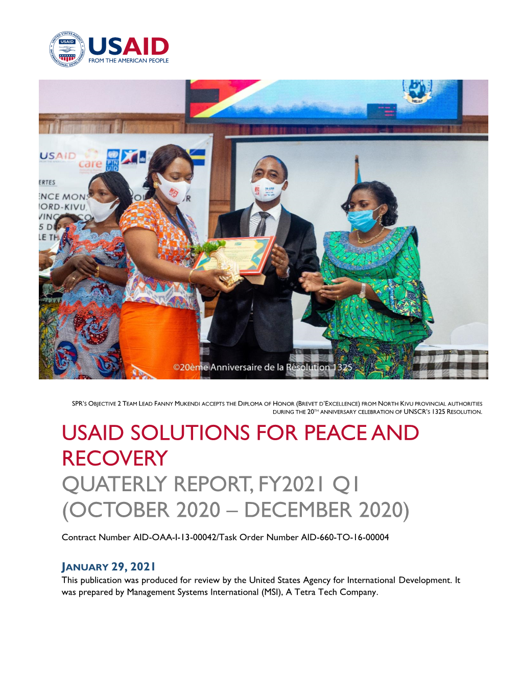 Usaid Solutions for Peace and Recovery Quaterly