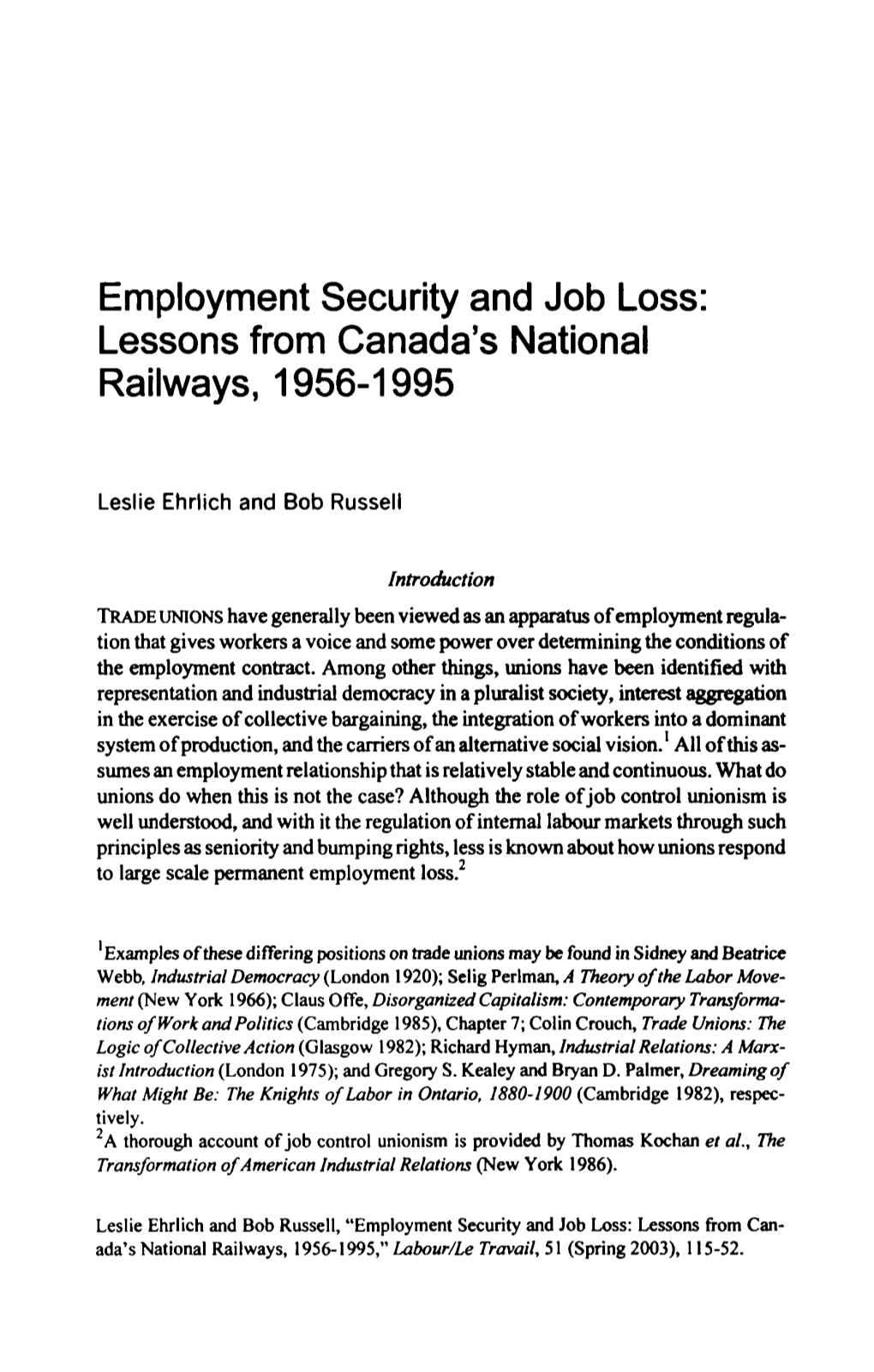 Employment Security and Job Loss: Lessons from Canada's National Railways, 1956-1995