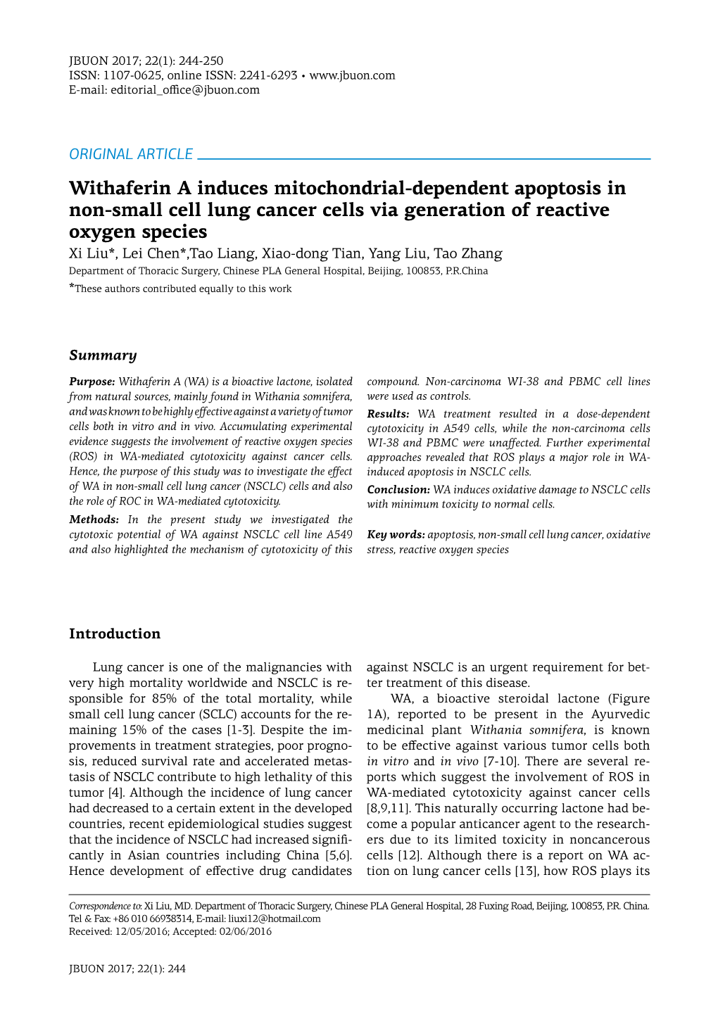 Withaferin a Induces Mitochondrial-Dependent Apoptosis
