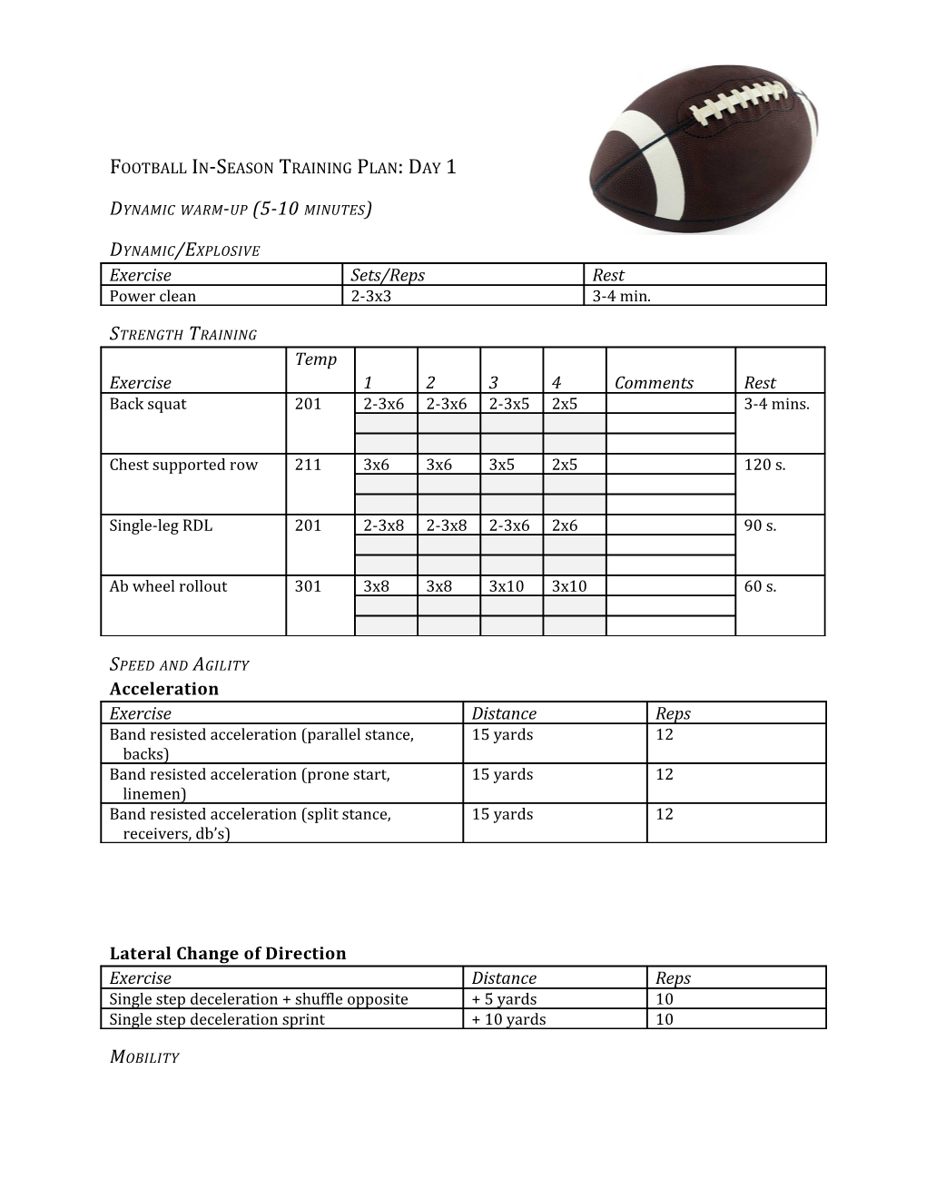 Football In-Season Training Plan: Day 1