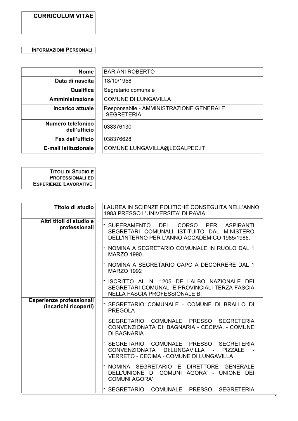 CV E Retribuzione Segretario Comunale