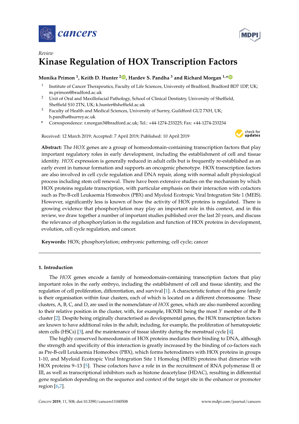 Kinase Regulation of HOX Transcription Factors