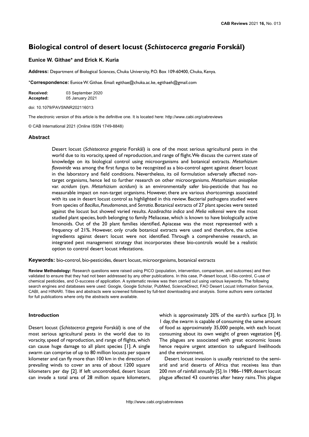 Biological Control of Desert Locust (Schistocerca Gregaria Forskål)