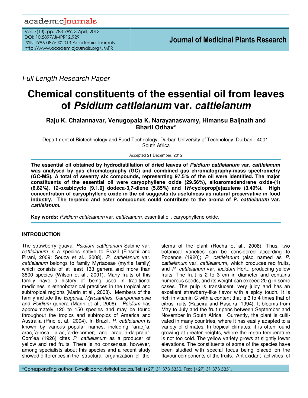 Chemical Constituents of the Essential Oil from Leaves of Psidium Cattleianum Var. Cattleianum