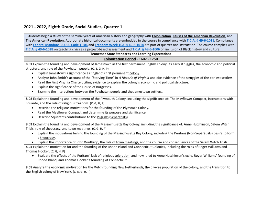 2021 - 2022, Eighth Grade, Social Studies, Quarter 1