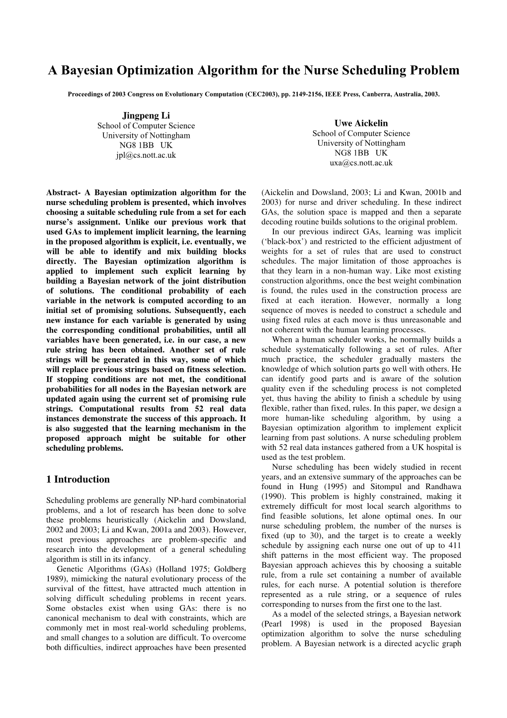 A Bayesian Optimization Algorithm for the Nurse Scheduling Problem